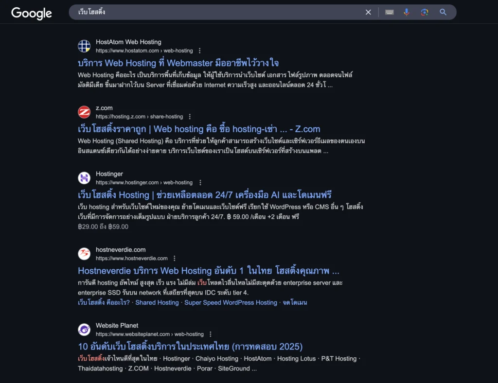 ตัวอย่างเว็บโฮสติ้งที่หาจากผลการค้นหา Google